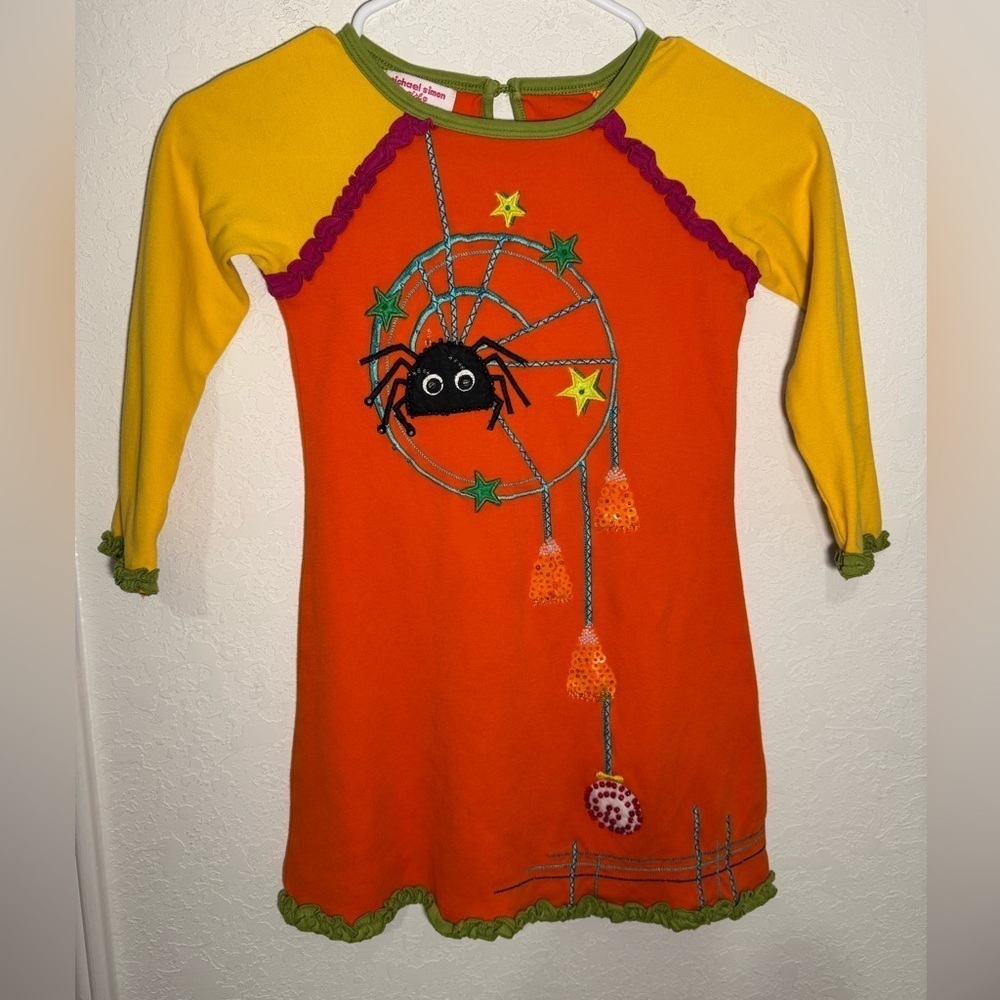 Michael Simon Halloween Dress Girl 4 Orange Spider Candy Corn Vintage Ugly RARE